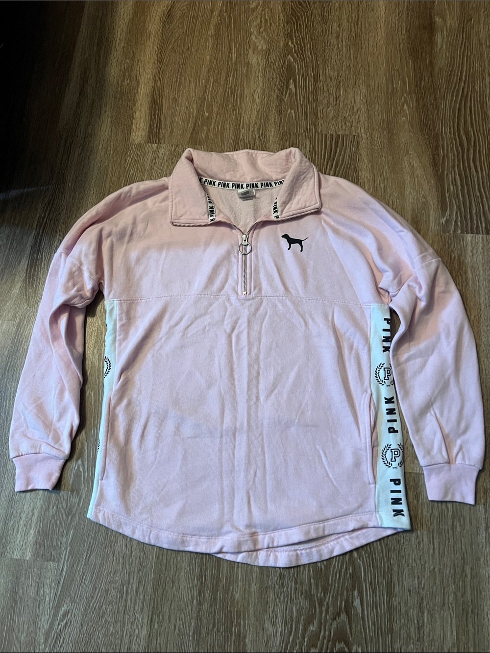 PINK Victoria's Secret Light Pink Quarter-Zip Pullover with Logo Tape Womens